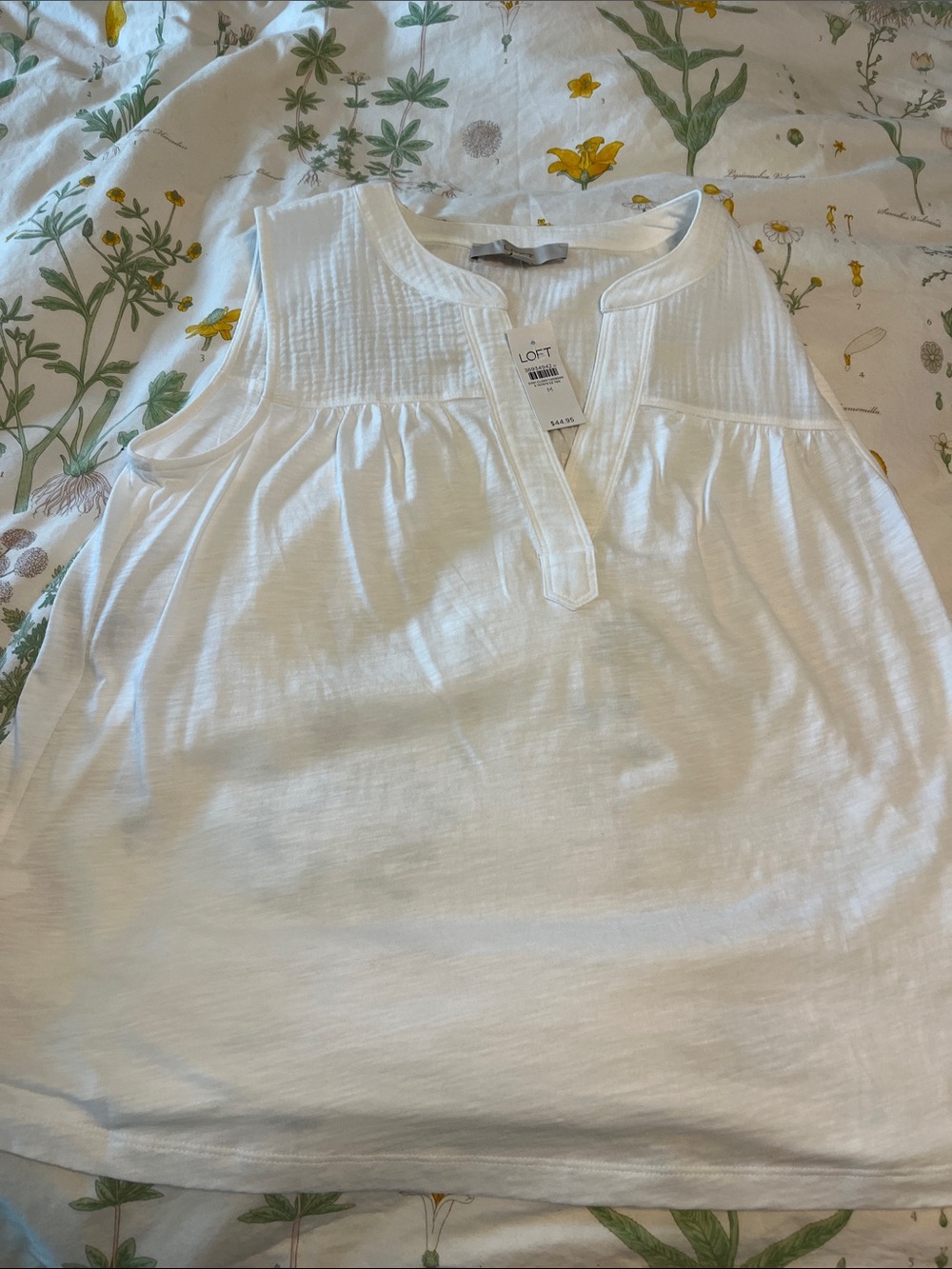NWT LOFT White Sleeveless Pintuck Split-Neck Top